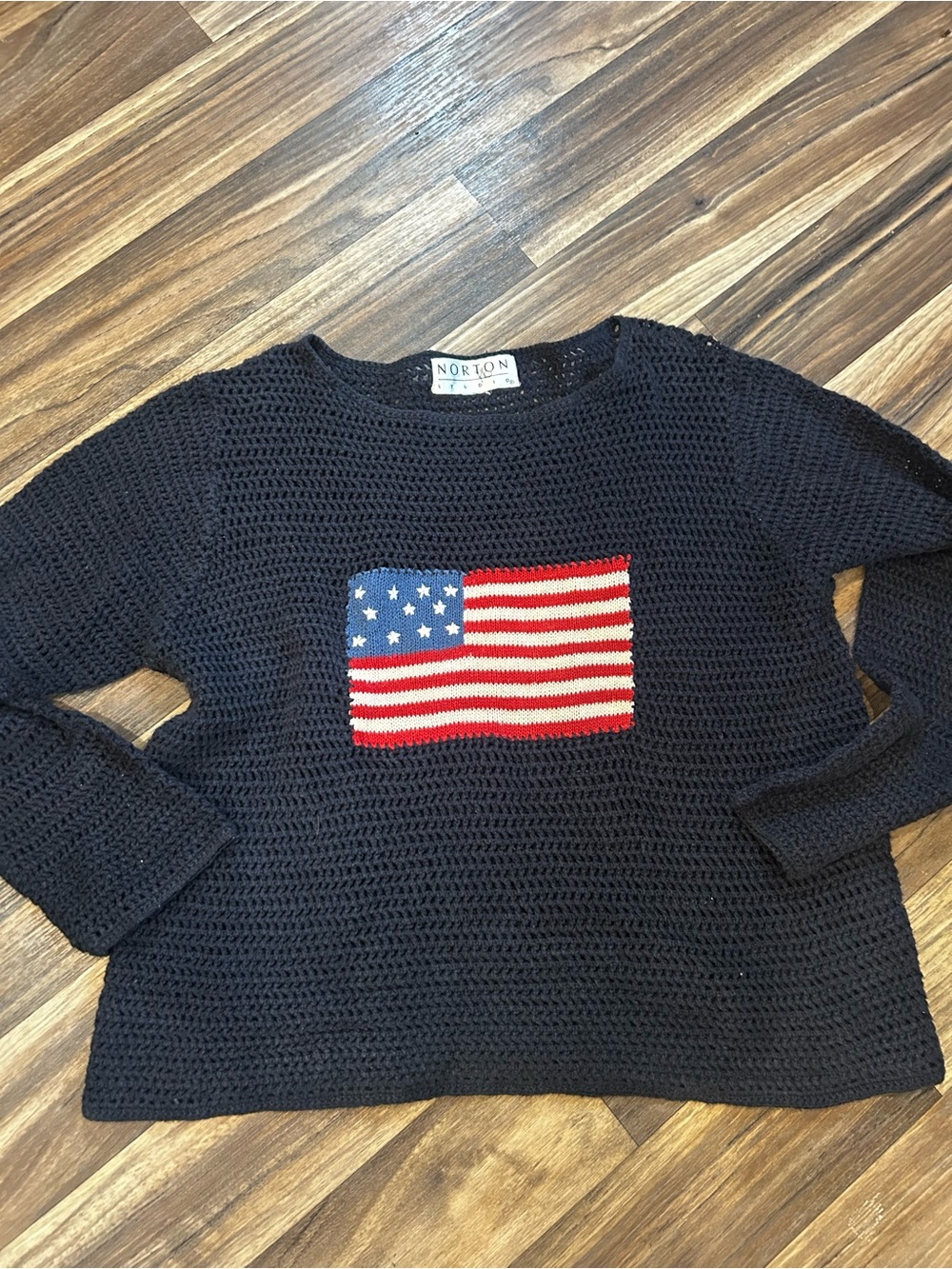 Navy Crochet Sweater with American Flag